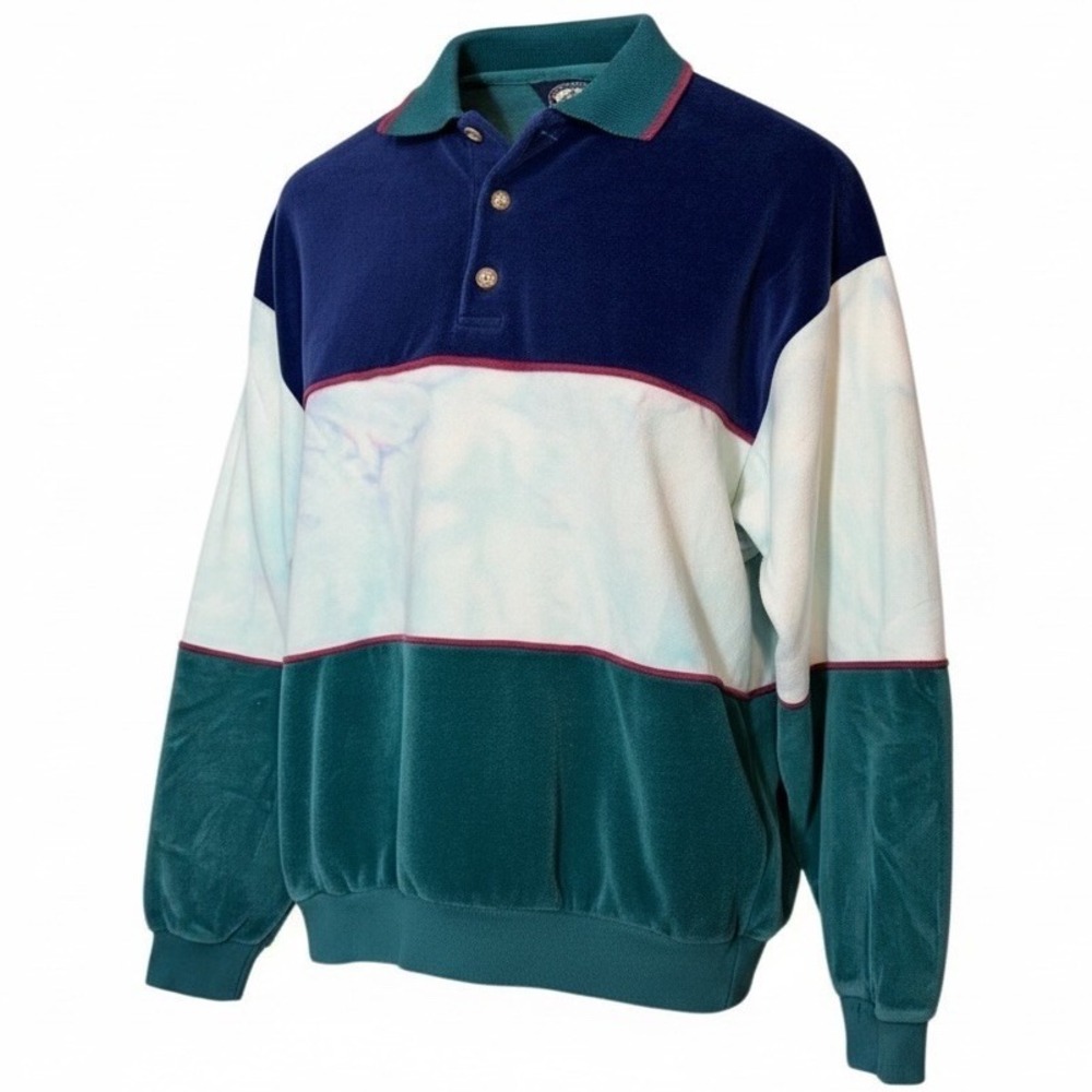Vintage 70s Mens Velour Pullover Shirt 1/4 Button Collared Multicolor Unique Med